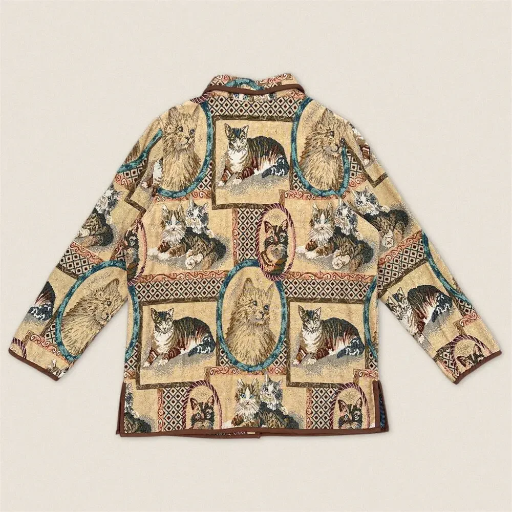 Vintage 90s Grandma Cats Kittens Pattern Tapestry Jacket Blair - Size Large
